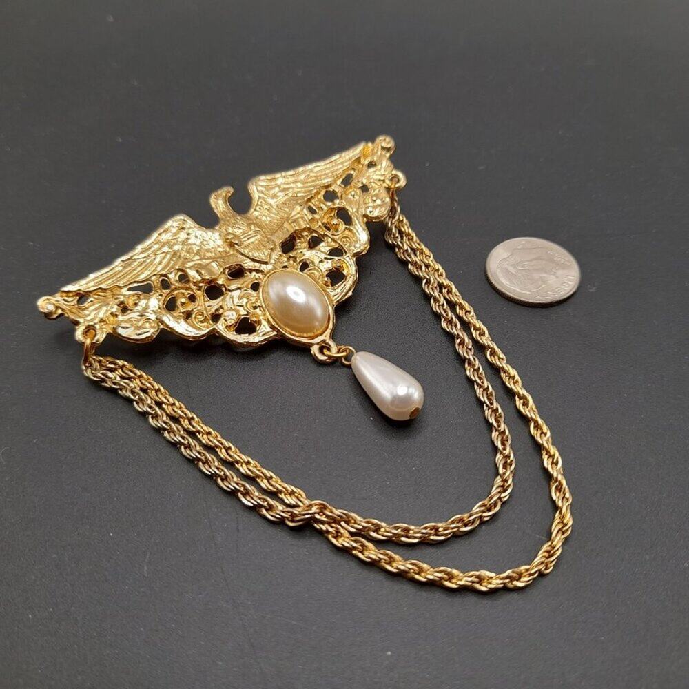 Vintage Eagle Faux Pearl Dangle Brooch, Gold Plated, Two Gold Tone Chains, 3 In